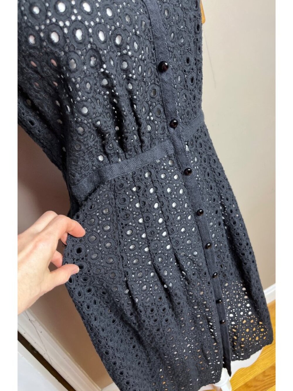 Black Eyelet Shirtdress Midi Button Up Embroider Dark Feminine Whimsigoth Wom 8 - Picture 11 of 11
